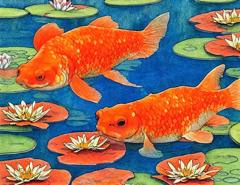 Image similar to one photo realistic orange comet goldfish swimming in a pond full of lily pads, art by walter crane and kay nielsen, beautiful composition, interesting color scheme and intricate details, watercolor art