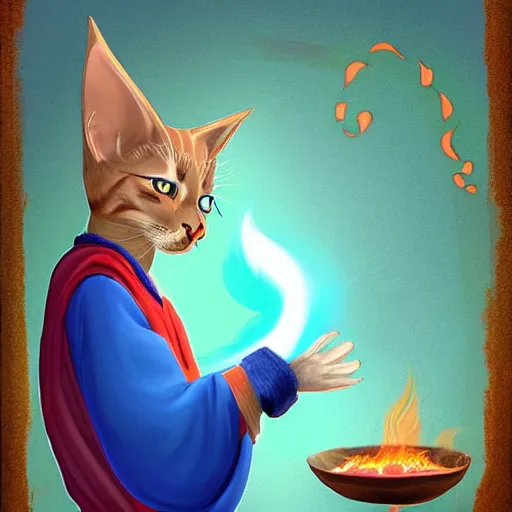 Prompt: A cat wizard wearing blue robes casting a fire spell, digital art