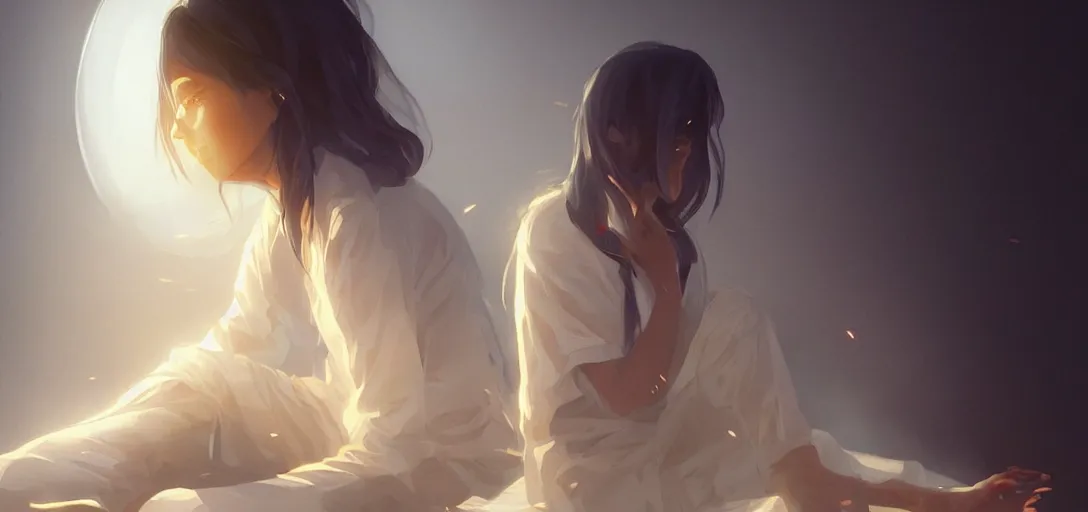 Image similar to Young Himalayan woman sitting concerned in an empty room with loneliness using psychic powers to make a lighter float| night time scene, plain walls |somber white eyes, long ashy hair | gentle lighting, futuristic, dim lighting, digital art by Makoto Shinkai ilya kuvshinov and Wojtek Fus, digital art, concept art,