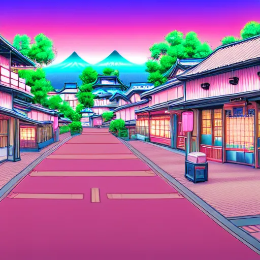Image similar to A japanese town with pink sky, cozy town, anime wallpaper, Hirohiko Araki, Hirohiko Araki artwork, araki art, 4K