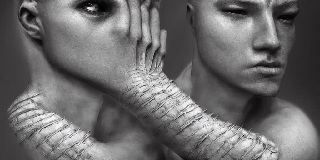 Image similar to hyper realistic photography of a stunningly beautiful cyborg male, elbow, thy, intimate, holding close, in the style of beth cavener, jin kagetsu,, and wlop, highly detailed, intricate filigree,, masterpiece, award winning, sharp focus, concept art, ringflash lighting, ambient lighting, octane render, 8 k, artstation