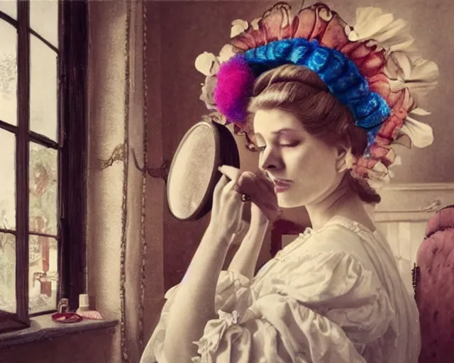 Image similar to an innocent and beautiful scene in hyper realistic style, about an old and lonely woman applying makeup in front of the camera, and modeling a victorian dress. a huge and colorful fish sits on her head.