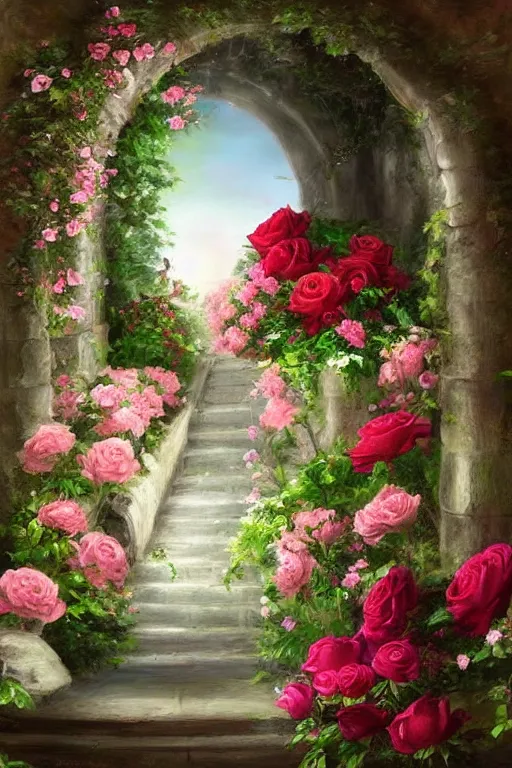 Image similar to Beautiful dream pictures, castle, roses, flowers, trending on art station