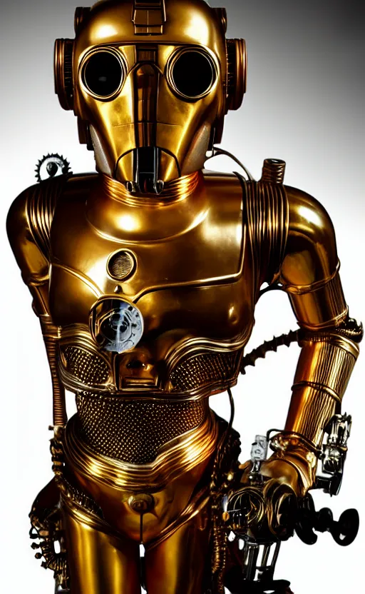 Image similar to steampunk version of c 3 po, promotional photo, studio lighting