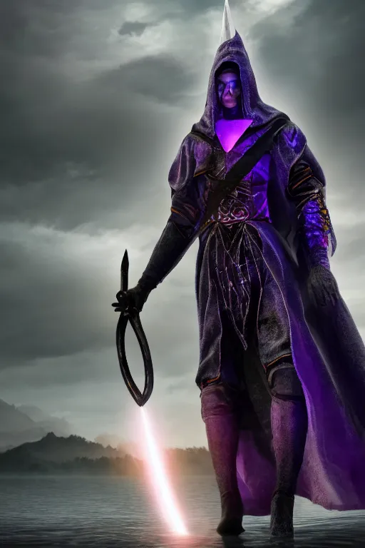 Image similar to hyper realistic wizard holding a sword that’s pointed towards the sky, getting shocked by purple lightning, levitating over a lake, octane, trending on artstation, hyper realistic, highly detailed, unreal engine, amazing depth of field, 8k