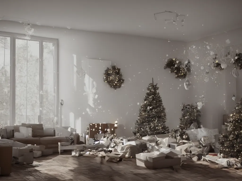 Prompt: empty living room on christmas morning, photorealistic