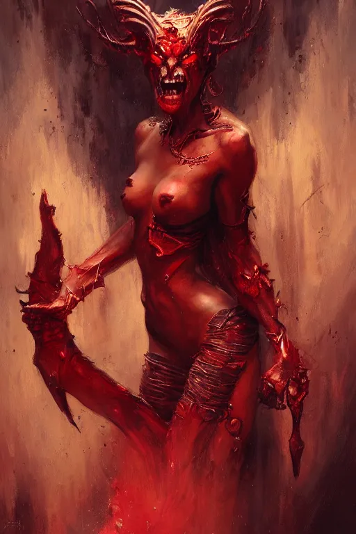 Prompt: very attractive demon queen with red eyes painting by gaston bussiere, craig mullins, luis rollo, torso portrait, digital painting, highly detailed, artstation, sharp focus, illustration, concept art, full hd