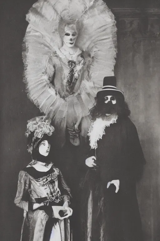 Image similar to a portrait photo of two persons dressed for the carnival of Venice, creepy, edvard munch, wide angle