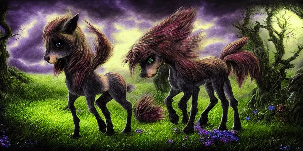 Image similar to 3 d littlest pet shop horse, realistic fur, faery, celtic, spooky, graves, crypt, flowers, storm, blues, greens, teals, dark contrast, spooky, master painter and art style of noel coypel, art of emile eisman - semenowsky, art of edouard bisson