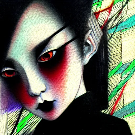 Image similar to yoshitaka amano blurred and dreamy realistic three quarter angle portrait of a young woman with black lipstick and black eyes wearing office suit with tie, junji ito abstract patterns in the background, satoshi kon anime, noisy film grain effect, highly detailed, renaissance oil painting, weird portrait angle, blurred lost edges