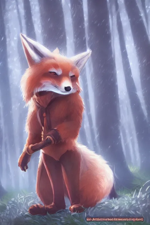 Image similar to an anthropomorphic medieval fox with a fluffy tail in a forest, trending on furaffinity, digital art, backlighting, by kawacy, trending on artstation, dnd art