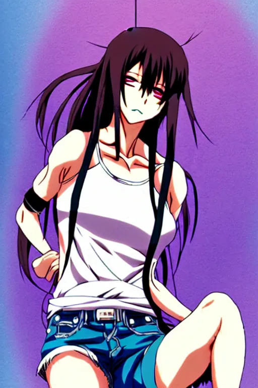 Prompt: style of madhouse anime, rei hiroe, revy from black lagoon, symmetrical eyes and symmetrical face, jean shorts, white tank top, on a boat, smirk on face, evening