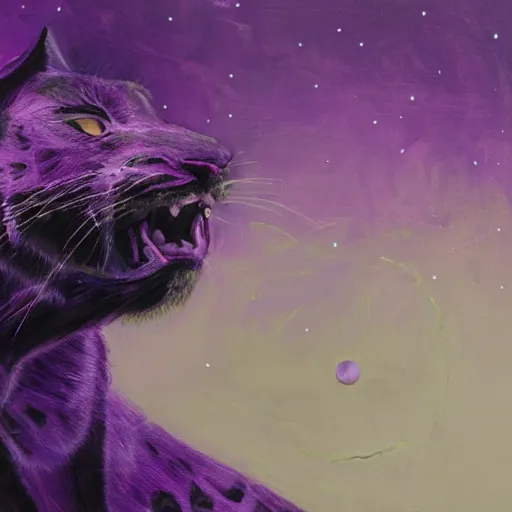 Prompt: closeup of a purple panther roaring at the moon in the forest. night. large moon in the center. z. a. cinematic.... painting. concept art. rustic. gritty.