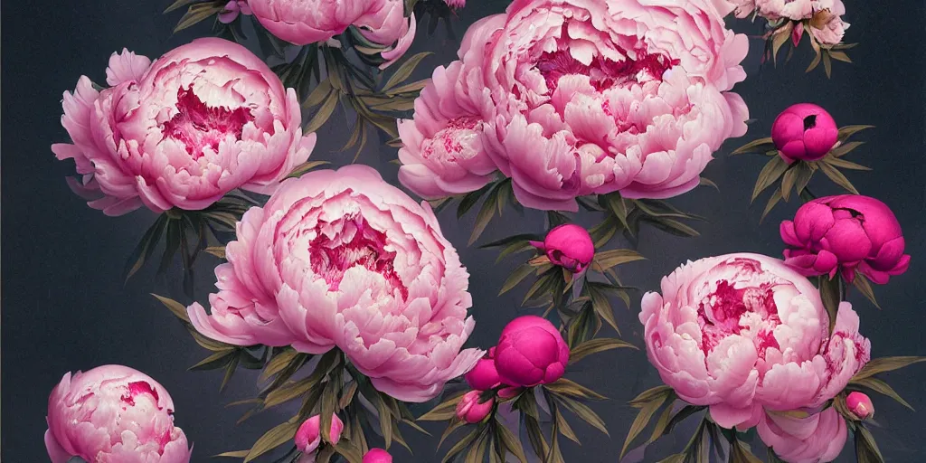 Image similar to breathtaking detailed concept art painting blend of pink short hair goddesses of peonies by hsiao - ron cheng with anxious piercing eyes, vintage illustration pattern with bizarre compositions blend of flowers and fruits and birds by beto val and john james audubon, exquisite detail, extremely moody lighting, 8 k