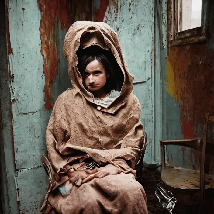 Image similar to closeup portrait of a woman with a hood made of wire and rainbows, sitting in a chair in a derelict house, by Annie Leibovitz and Steve McCurry, natural light, detailed face, CANON Eos C300, ƒ1.8, 35mm, 8K, medium-format print
