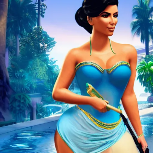 Image similar to kim kardashian as princess jasmine in GTA 5 full Hd octane render 8k