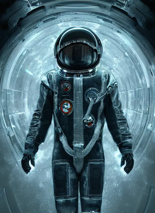 Image similar to symmetry poster art by craig mullins astronaut in futuristic dark and empty spaceship underwater. infrared glowing lights. complex and hyperdetailed technical suit. reflection and dispersion materials. rays and dispersion of light. volumetric light. 5 0 mm, f / 3 2. noise film photo. flash photography. unreal engine 4, octane render. interstellar movie poster