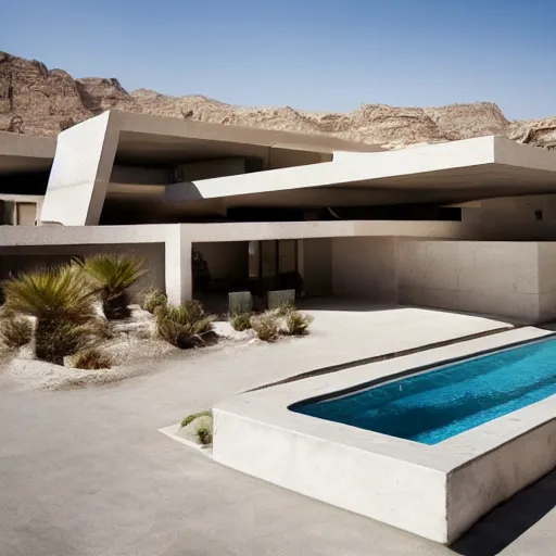 Image similar to brutalism conceptual house in the desert, biophilia mood, pool, garden, highly detailed, cinematic, photorealistic,