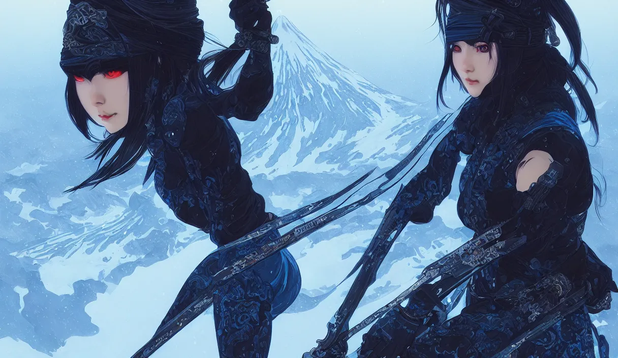 Image similar to portrait ninja gaiden girl, black and blue ninja wardrobe, at snowy fuji mountain sunrise, ssci - fi and fantasy, intricate and very very beautiful, detailed, digital painting, artstation, concept art, smooth and sharp focus, illustration, art by tian zi and wlop and alphonse mucha