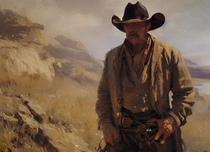 Image similar to oil painting of old rugged cowboy with whiskey bottle, art by anders zorn, wonderful masterpiece by greg rutkowski, beautiful cinematic light, american romanticism by greg manchess