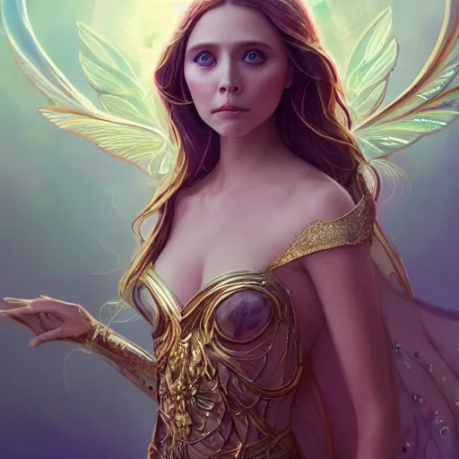 Image similar to elizabeth olsen as the goddess of fairies!!!!!!, golden ratio!!!!!, centered, trending on artstation, 8 k quality, cgsociety contest winner, artstation hd, artstation hq, luminous lighting