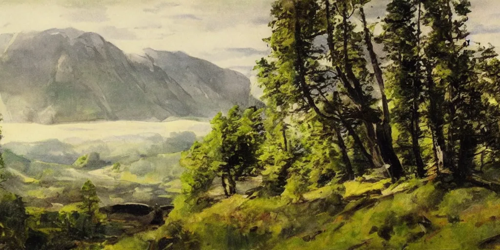 Prompt: dramatic swedish landscape, mountains covered in trees, in the style of anders zorn