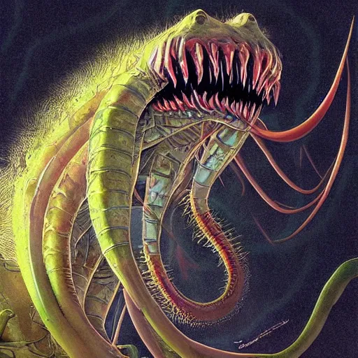 Prompt: a simple centered portrait of a predatory alien species. an award winning yoshitaka amano digital art poster color painting. a masterpiece by james gurney. poster colour on canvas.