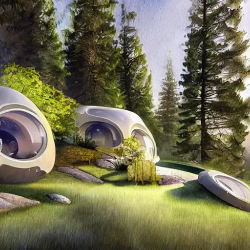Prompt: beautiful happy picturesque charming sci - fi organic pod - like homes consisting of modules of the future in a beautiful natural scene. water, trees and rocks. beautiful light. soft colour scheme. beautiful artistic detailed watercolor by lurid. ( 2 0 2 2 )