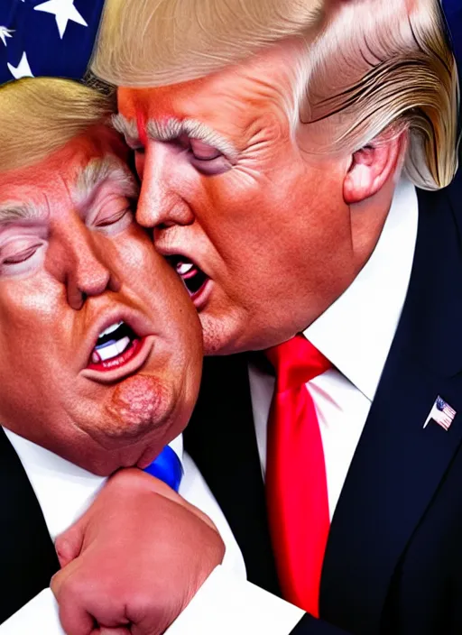 Image similar to beautiful high quality photo of donald trump kissing donald trump. hq. donald trump and donald trump kissing on the lips. two donald trumps kissing each other. donald trump kissing donald trump.