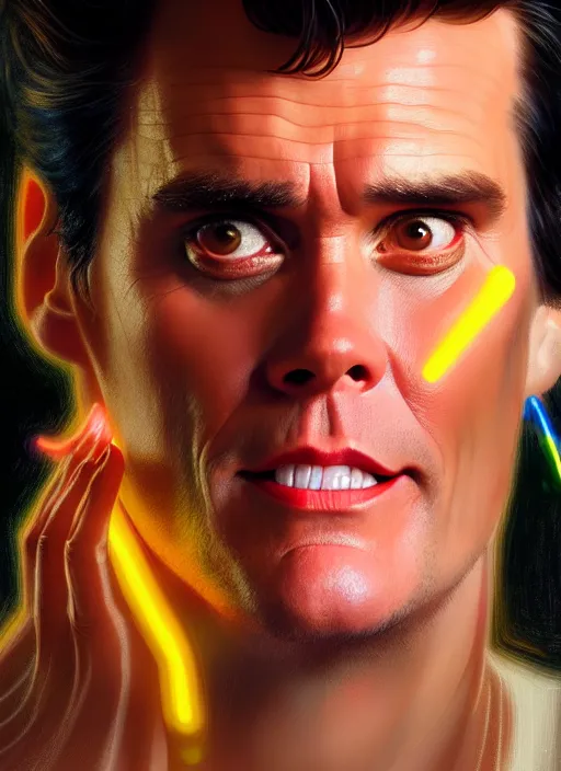 Image similar to portrait of ace ventura jim carrey, glowing lights intricate, elegant, highly detailed, digital painting, artstation, concept art, smooth, sharp focus, illustration, art by artgerm and greg rutkowski and alphonse mucha, 8 k