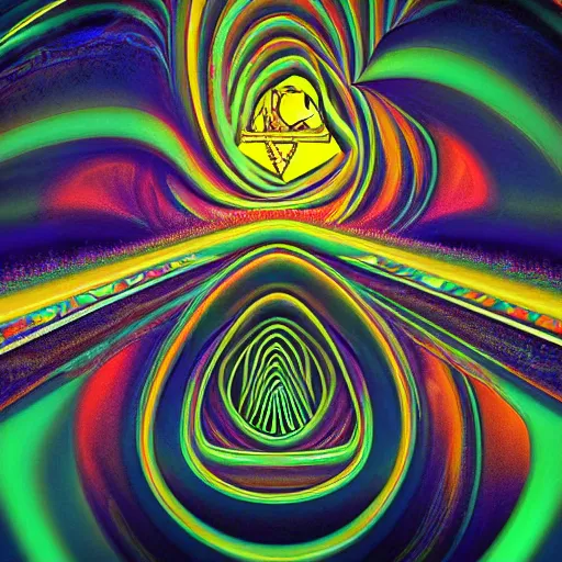 Prompt: Psychedelic Inter-dimensional freemasonic occultic chequered trippy dreamscape in the style of a photo-realistic album cover ( Digital art unreal engine, 3d highly detailed, 8k, UHD, fantasy, dream, otherworldly, bizzare, spirals, colourful, vivid)