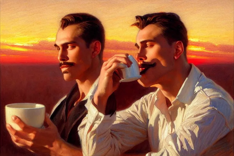 Image similar to attractive man drinking coffee, sunset, painting by gaston bussiere, j. c. leyendecker, tom of finland, trending on artstation