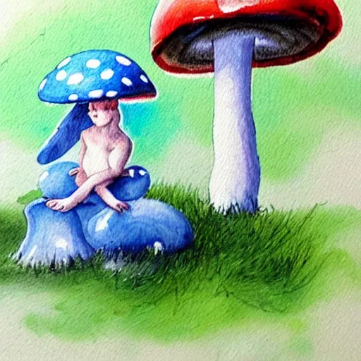 Prompt: a professional water painting of a cute creature sitting next to a mushroom, detailed