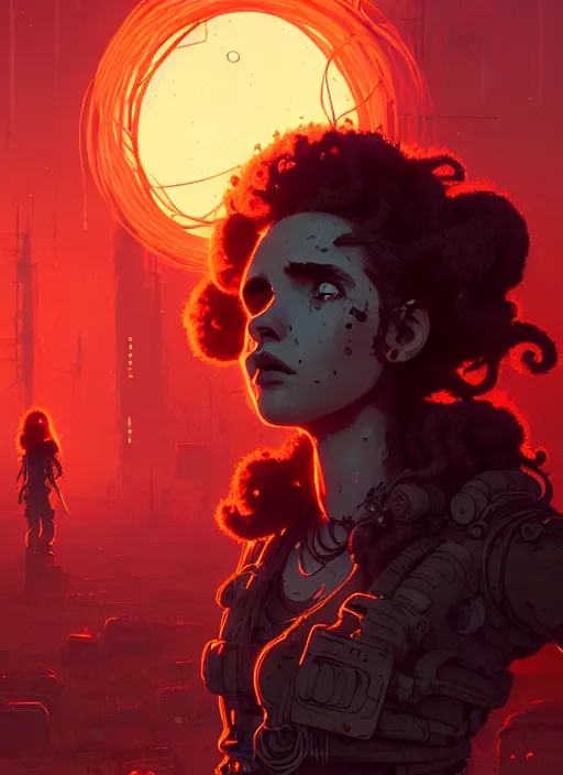 Image similar to highly detailed portrait of a wasteland long curly fire hair tribal lady, stray wiring by atey ghailan, james gilleard, by joe fenton, by greg rutkowski, by greg tocchini, by kaethe butcher, 4 k resolution, gradient red, orange, black and white color scheme!!! ( ( burning flaming robotic dystopian city background ) )