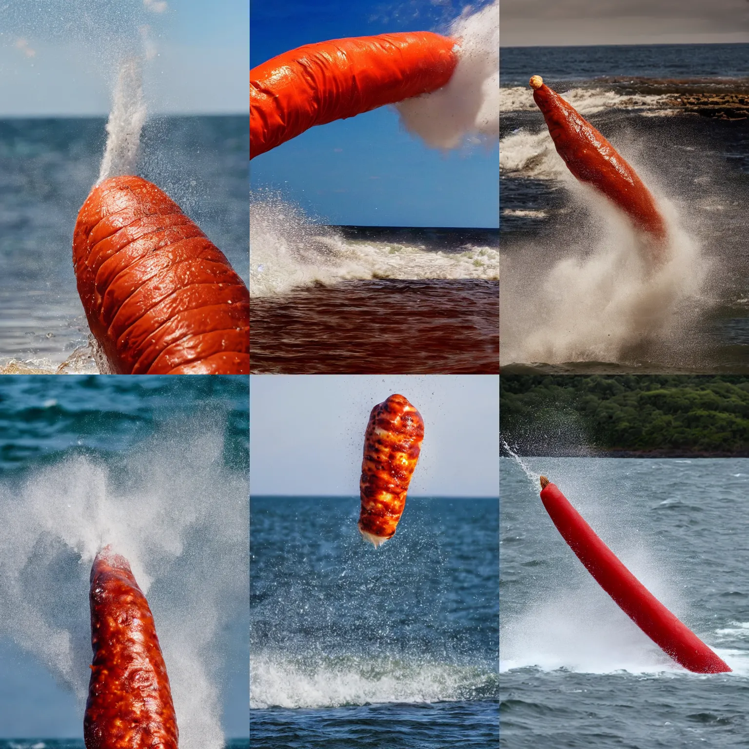 Prompt: view from the shore of a giant, massive chorizo hitting the ocean at high speed, huge splash, disaster, dramatic, 4k, high quality