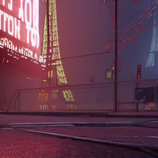 Image similar to A beautiful intricate 8K award-winning ground-level cinematic movie photograph of the future rusting remains of Eiffel Tower, surrounded by neon and collapsing corporate video billboard displays. in the year 2050, by Bruno Delbonnel and greg rutkowski. octane render, Arri Alexa 65. Cinematic lighting