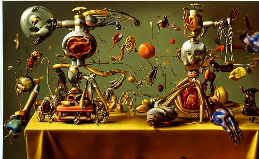 Image similar to strange robot body, disturbing colorful oil painting dutch golden age vanitas still life sparse composition with bizarre objects strange gooey transparent surfaces shiny metal reflections bizarre mutant meat insects rachel ruysch dali todd schorr very detailed perfect composition rule of thirds masterpiece canon 5 0 mm, cinematic lighting, photography, retro, film, kodachrome