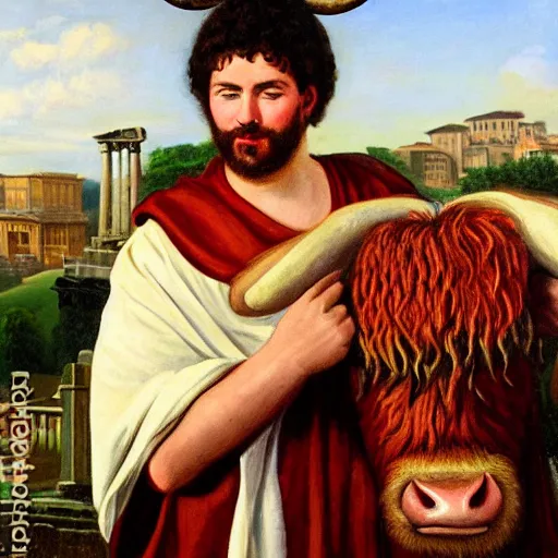 Prompt: idealized oil painting portrait of a man wearing a roman toga, posing with a highland cow, in the roman forum with no cropping.