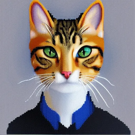 Image similar to full portrait painting of humanoid cat, pixel art style, 8 x 8.