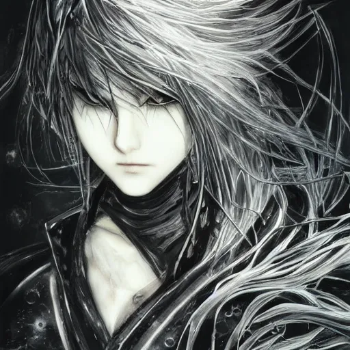 Image similar to yoshitaka amano blurred and dreamy illustration of an anime girl with black eyes, wavy white hair and cracks on her face near eyes wearing elden ring armour with the cape fluttering in the wind, abstract black and white patterns on the background, noisy film grain effect, highly detailed, renaissance oil painting, weird portrait angle