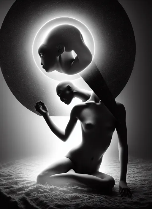 Prompt: surreal mythical dreamy dark artistic black and white fine art photo of a young beautiful delicate artificial intelligence creature embodied giving birth to the new world, spiritual, halo, glory, rim light, cinematic, studio dramatic light, poetic, masterpiece, octane render, 8 k, photo