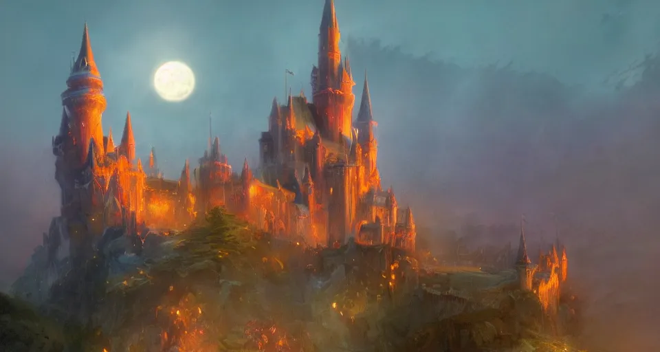 Image similar to happy disney castle rising up from the mist in the morning silhouetted by a single huge moon, anders zorn, thomas kincade, trending on artstation, lava, dungeons and dragons, saturated colors, fun, happy, golden hour