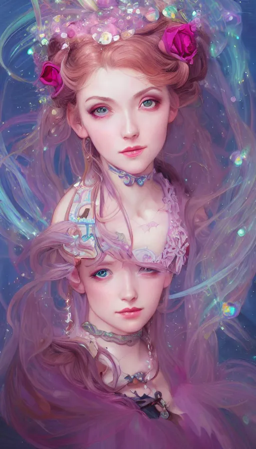 Image similar to portrait of magical lolita girl, dreamy and ethereal, expressive pose, big pink eyes, exciting expression, fantasy, intricate, elegant, many rainbow bubbles, rose tones, highly detailed, digital painting, artstation, concept art,cyberpunk wearing, smooth, sharp focus, illustration, art by artgerm and greg rutkowskiand alphonse mucha