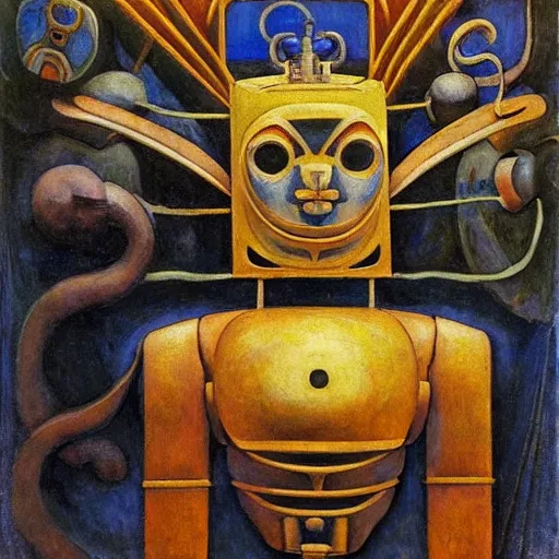 Image similar to ornate robot cat, by annie swynnerton and diego rivera and nicholas roerich and jean delville, symbolist, dramatic lighting, god rays, art brut, rich colors, smooth, sharp focus, extremely detailed, adolf wolfli, by janet fish