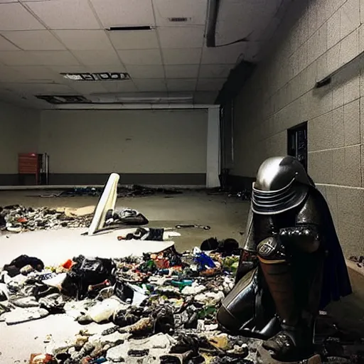 Prompt: “A knight in armor kneeling and praying. The knight is in the center abandoned small server room with server racks and server cables hanging everywhere. The ground of the room is littered and covered with garbage and debris. The walls are filthy. It is dark and there are no lights. Amateur photo. Flash photo.”