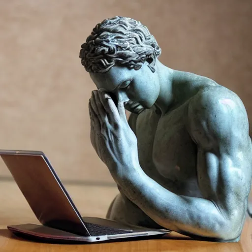 Prompt: photo of a intricately detailed marble statue of david facepalming with a laptop on his lab, because of his slow internet by leonardo davinci