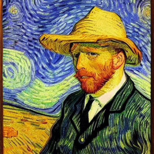 Image similar to a portrait of boris johnson earing a straw hat in a scenic environment by van gogh