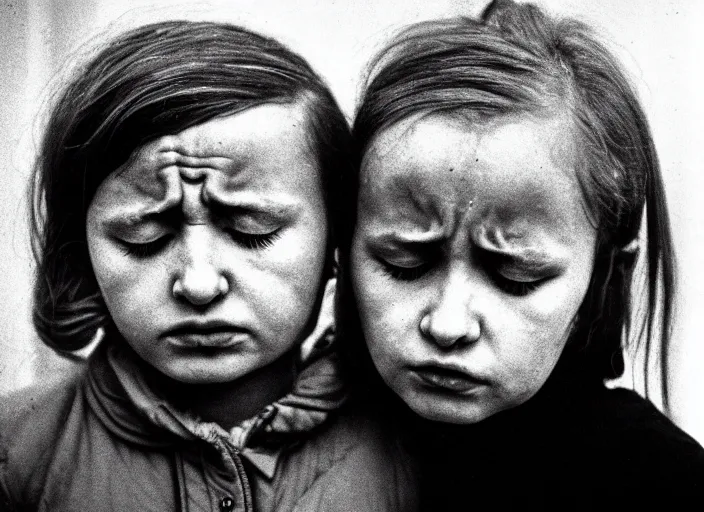Image similar to high resolution black and white portrait with 8 0 mm f / 1 2 lens of children in chernobyl with eyes closed in grief in 1 9 8 9.