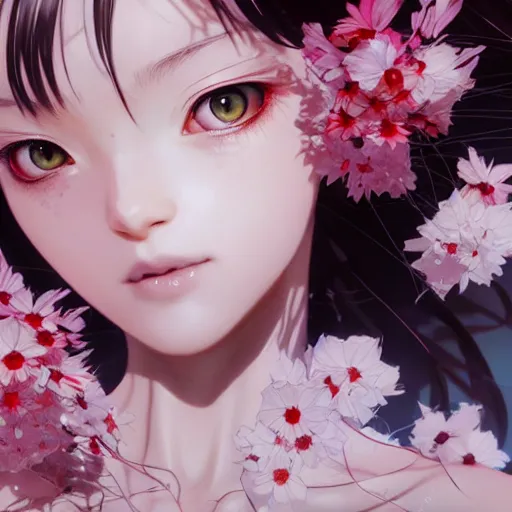 Image similar to terrifying closeup portrait of a beautiful carefree catgirl covered in strings of flowers, by katsuhiro otomo, yoshitaka amano, nico tanigawa, artgerm, greg rutkowski makoto shinkai takashi takeuchi rendered with intense 3 d effect reflective shadowing, cinematic lighting, hyperrealistic illustration uhd 8 k