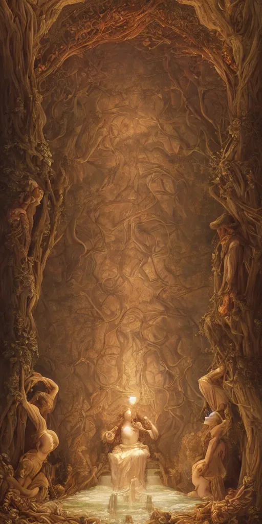 Image similar to a stunning and noble highly detailed romantic period style painting of the place where gods come into being by james jean, josep tapiro baro and harles sillem lidderdale, trending on artstation, oil painting masterpiece, symmetry, rule of thirds, mysterious